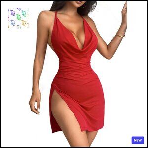 Backless V Neck Mini Dress High Slit Club Night Out Party Cocktail Elegant